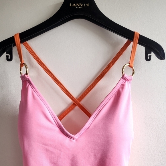 New Kate Spade NY Plunging V-Neck Colorblock Barbie Pink/Orange Swimsuit Small - Picture 8 of 17